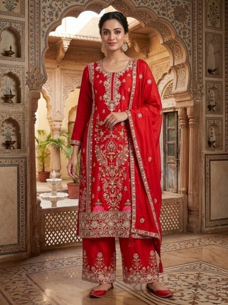 Red Chinnon Silk Kurti Palazzo Set with Dupatta for Wedding Wear Ready To Wear Collection