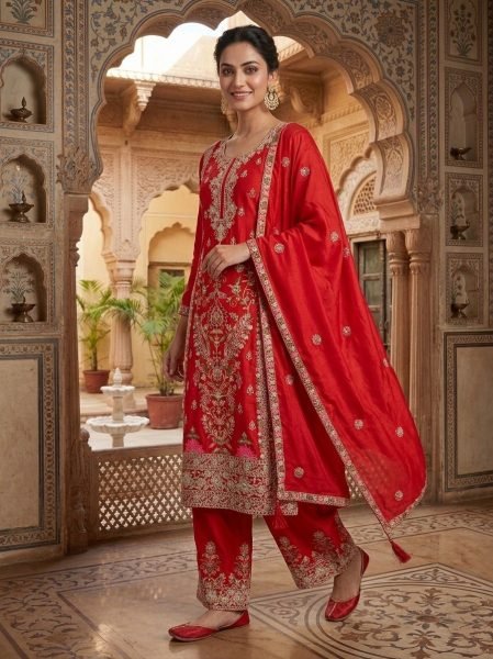 Red Chinnon Silk Kurti Palazzo Set with Dupatta for Wedding Wear Ready To Wear Collection