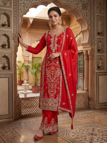 Red Chinnon Silk Kurti Palazzo Set with Dupatta for Wedding Wear Ready To Wear Collection