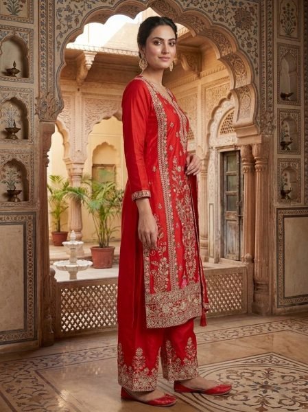 Red Chinnon Silk Kurti Palazzo Set with Dupatta for Wedding Wear Ready To Wear Collection