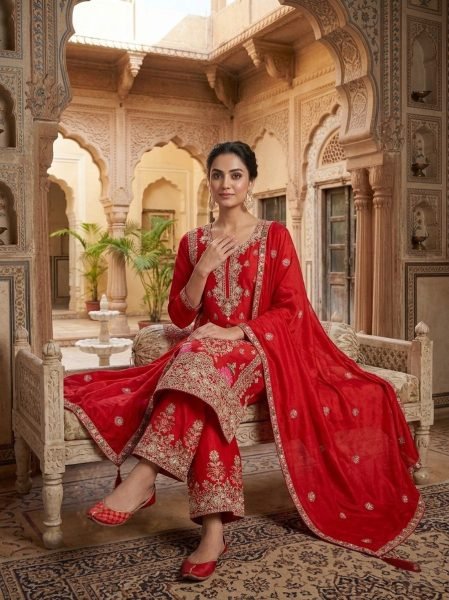 Red Chinnon Silk Kurti Palazzo Set with Dupatta for Wedding Wear Ready To Wear Collection