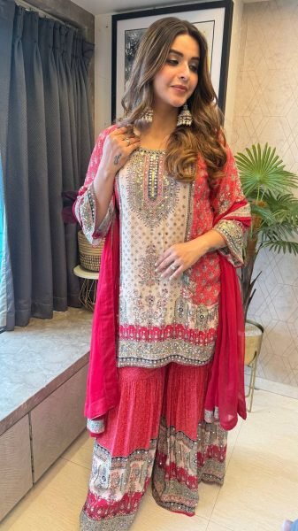 Red Chinon Mirror Work Sharara Suit with Printed Dupatta for Festive Wear Ready To Wear Collection