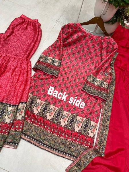 Red Chinon Mirror Work Sharara Suit with Printed Dupatta for Festive Wear Ready To Wear Collection
