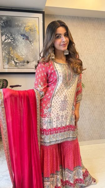 Red Chinon Mirror Work Sharara Suit with Printed Dupatta for Festive Wear Ready To Wear Collection