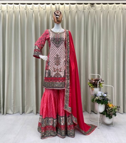 Red Chinon Mirror Work Sharara Suit with Printed Dupatta for Festive Wear Ready To Wear Collection
