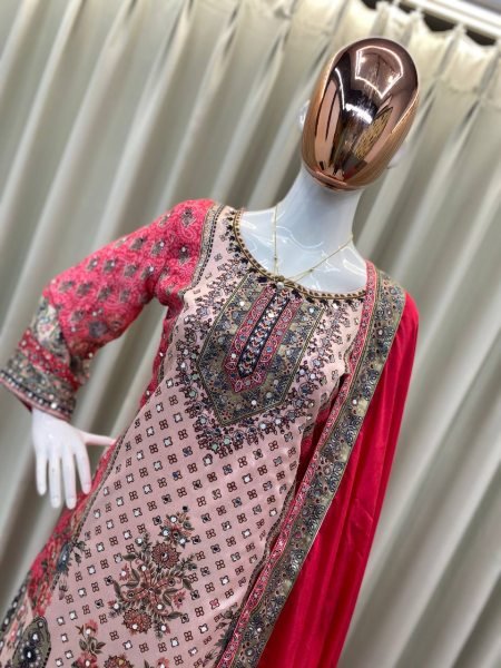 Red Chinon Mirror Work Sharara Suit with Printed Dupatta for Festive Wear Ready To Wear Collection