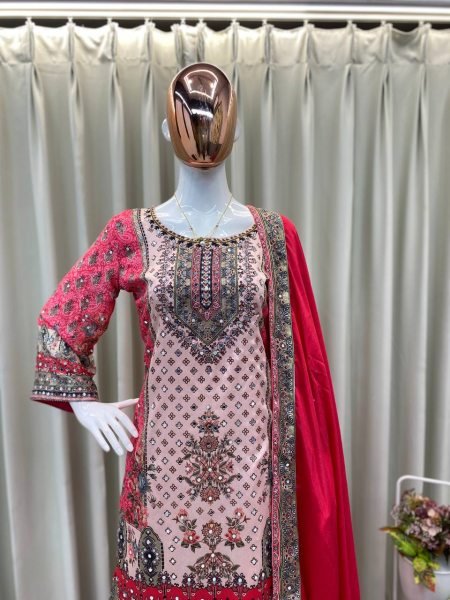 Red Chinon Mirror Work Sharara Suit with Printed Dupatta for Festive Wear Ready To Wear Collection