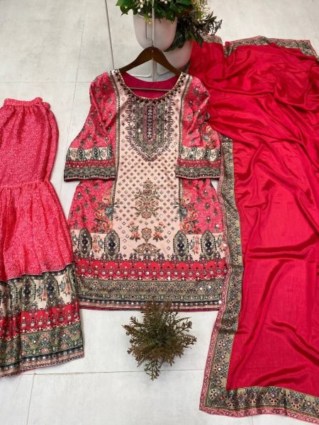 Red Chinon Mirror Work Sharara Suit with Printed Dupatta for Festive Wear Ready To Wear Collection