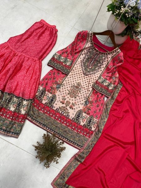 Red Chinon Mirror Work Sharara Suit with Printed Dupatta for Festive Wear Ready To Wear Collection