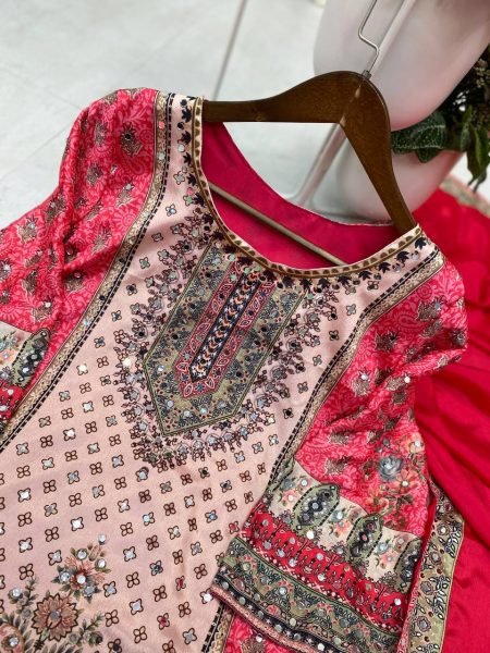 Red Chinon Mirror Work Sharara Suit with Printed Dupatta for Festive Wear Ready To Wear Collection