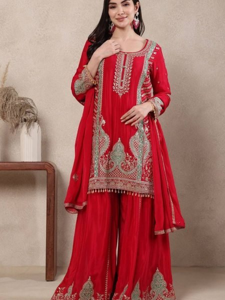 Red Chinon Silk Sharara Palazzo Set with Heavy Sequence Embroidery Wholesale Price Ready To Wear Suit