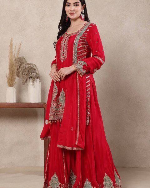 Red Chinon Silk Sharara Palazzo Set with Heavy Sequence Embroidery Wholesale Price Ready To Wear Collection