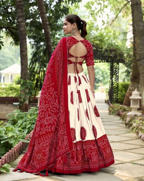 Red Color Bandhej Printed And Foil Printed Tussar Silk Lehenga Choli Navratri Lehnega Choli