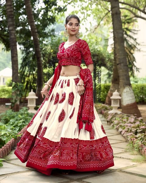 Red Color Bandhej Printed And Foil Printed Tussar Silk Lehenga Choli Navratri Lehnega Choli