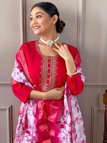 Red Color Chanderi Kurti Pant With Dupatta  3 Piece Kurti Set