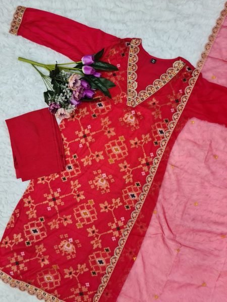 Red Color Embroidery Work Kurti Pant With Organza Dupatta  3 Piece Kurti Set