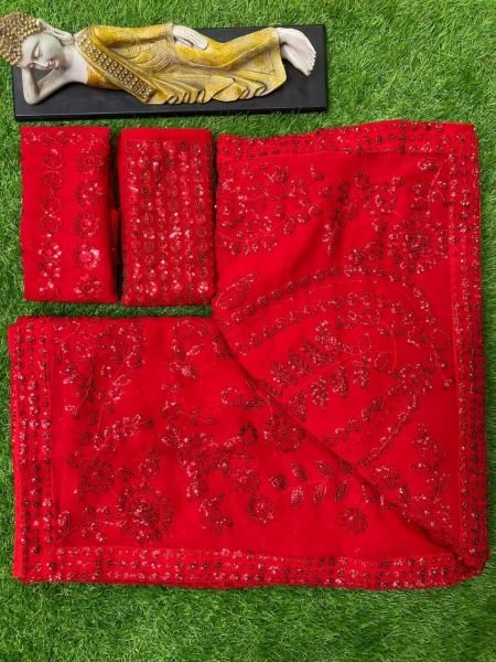 Red Color Faux Georgette Saree With Sequence   Embroidery Work  Georgette Sarees Wholesale