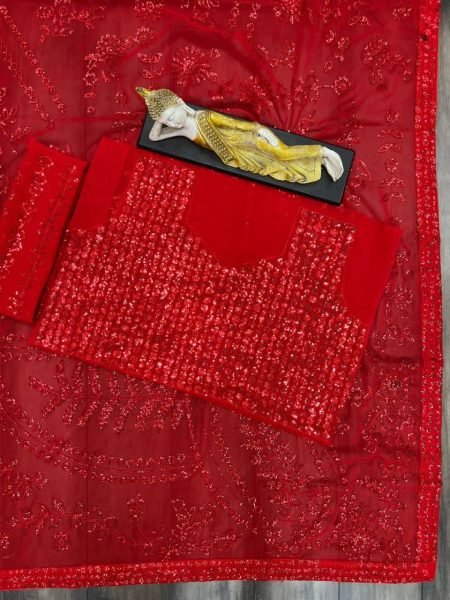 Red Color Faux Georgette Saree With Sequence   Embroidery Work  Georgette Sarees Wholesale