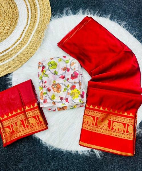 Red Color Kanjivaram Silk Zari Half Saree Lehenga with Linen Printed Dupatta Half Saree Lehenga