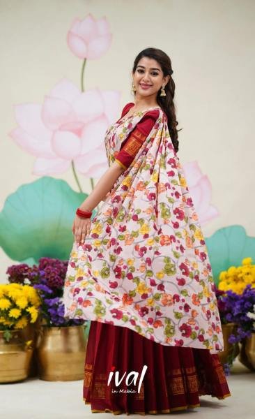 Red Color Kanjivaram Silk Zari Half Saree Lehenga with Linen Printed Dupatta Half Saree Lehenga