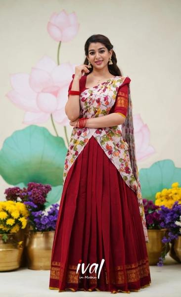 Red Color Kanjivaram Silk Zari Half Saree Lehenga with Linen Printed Dupatta Half Saree Lehenga