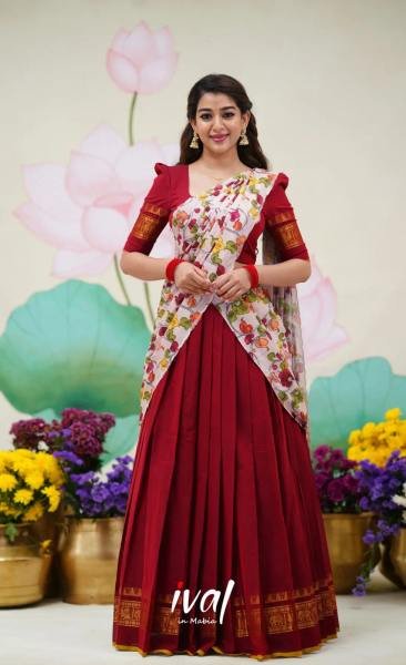 Red Color Kanjivaram Silk Zari Half Saree Lehenga with Linen Printed Dupatta Half Saree Lehenga