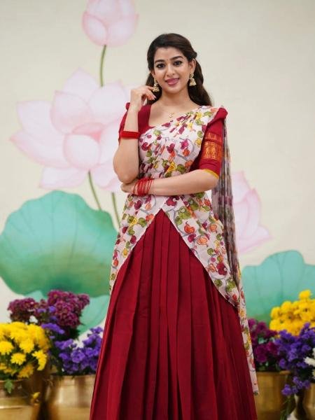 Red Color Kanjivaram Silk Zari Half Saree Lehenga with Linen Printed Dupatta Half Saree Lehenga