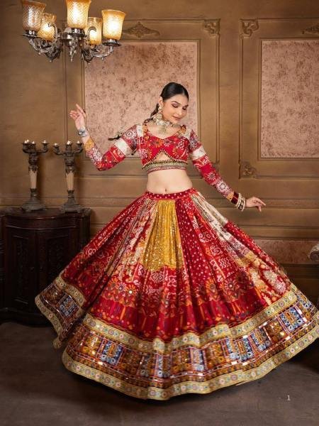 Red Color Navratri Chaniya Choli Set with Mirror Work & Dupatta For Girls at Wholesale Rate   Lehenga