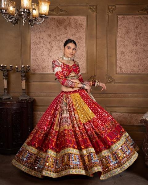 Red Color Navratri Chaniya Choli Set with Mirror Work & Dupatta For Girls at Wholesale Rate  Navratri Lehnega Choli