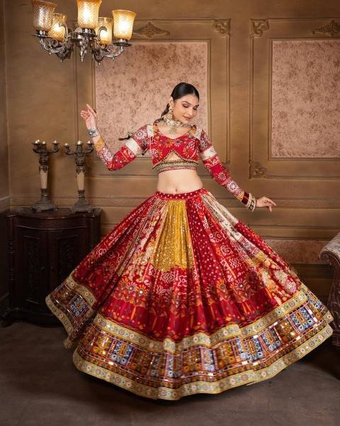 Red Color Navratri Chaniya Choli Set with Mirror Work & Dupatta For Girls at Wholesale Rate  Navratri Lehnega Choli