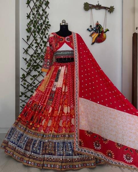Red Color Navratri Chaniya Choli Set with Mirror Work & Dupatta For Girls at Wholesale Rate  Navratri Lehnega Choli