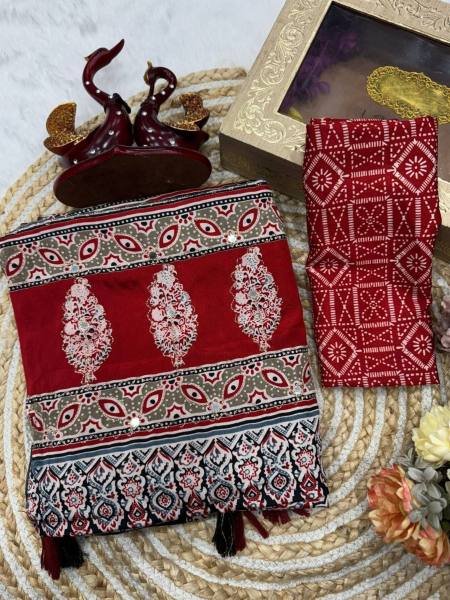 Red Color Soft Crepe Silk Ajrakh Printed Saree with Zari and Mirror Work  Sarees 