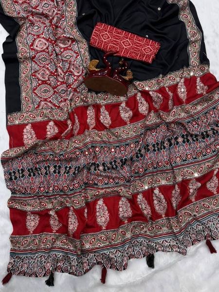 Red Color Soft Crepe Silk Ajrakh Printed Saree with Zari and Mirror Work  Silk Sarees Wholesale