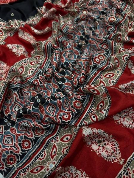 Red Color Soft Crepe Silk Ajrakh Printed Saree with Zari and Mirror Work  Silk Sarees Wholesale