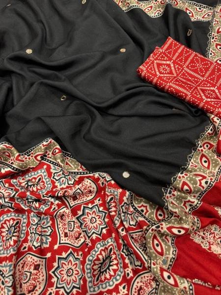 Red Color Soft Crepe Silk Ajrakh Printed Saree with Zari and Mirror Work  Silk Sarees Wholesale