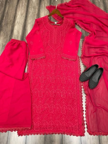 Red Color Surat Exporter Wholesaler of Chikankari Kurti with Fine Embroidery Work Lucknowi Chikankari Kurtis Wholesale