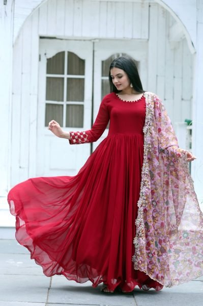 Red Colour Premium Plain Georgette Readymade Gown With Kalamkari Printed Dupatta  Anarkali Kurtis 