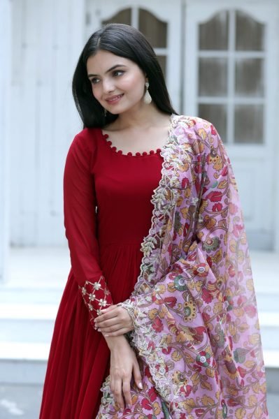 Red Colour Premium Plain Georgette Readymade Gown With Kalamkari Printed Dupatta  Anarkali Kurtis 