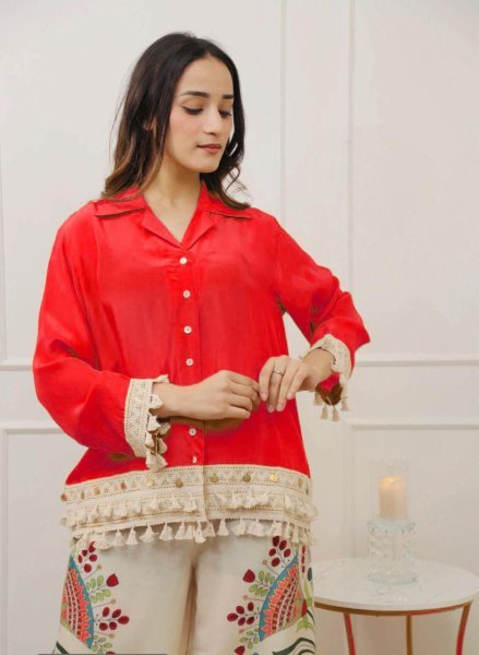Red Cotton Co Ord Set with Digital Print Pants Everyday Comfort Wear Kurti With Bottom Wholesale