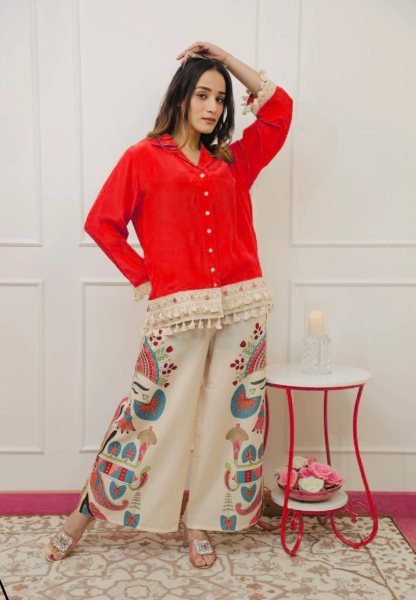 Red Cotton Co Ord Set with Digital Print Pants Everyday Comfort Wear Kurti With Bottom Wholesale
