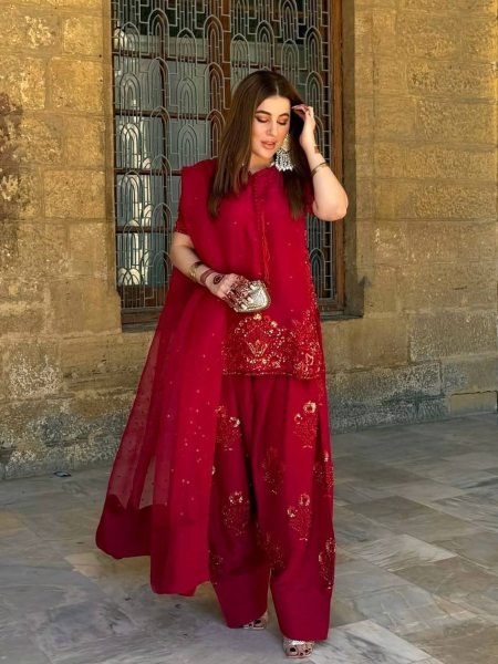 Perfect for Pakistani Functions Red Crepe Silk Farshi Suit with Net Dupatta Ready To Wear Suit