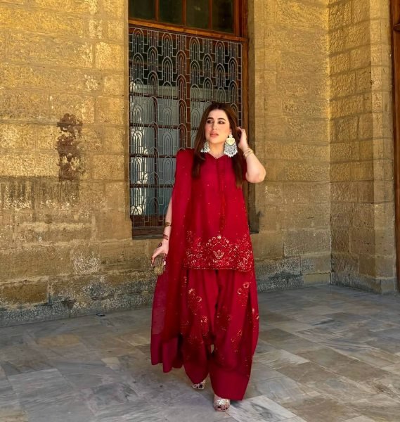 Perfect for Pakistani Functions Red Crepe Silk Farshi Suit with Net Dupatta Ready To Wear Collection