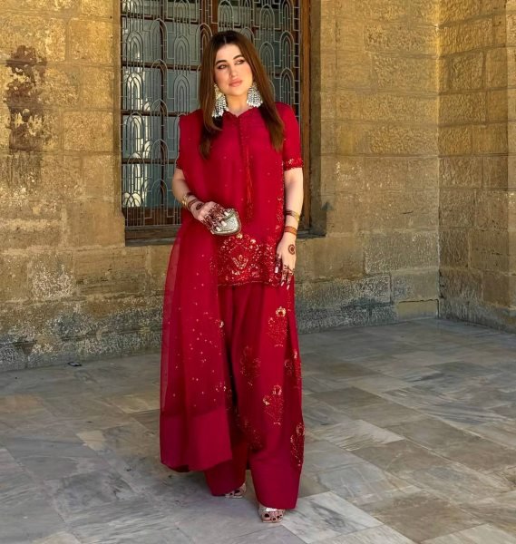 Perfect for Pakistani Functions Red Crepe Silk Farshi Suit with Net Dupatta Ready To Wear Collection