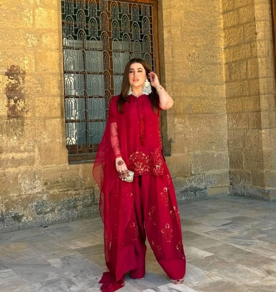 Perfect for Pakistani Functions Red Crepe Silk Farshi Suit with Net Dupatta Ready To Wear Collection