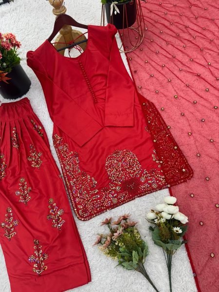 Perfect for Pakistani Functions Red Crepe Silk Farshi Suit with Net Dupatta Ready To Wear Collection