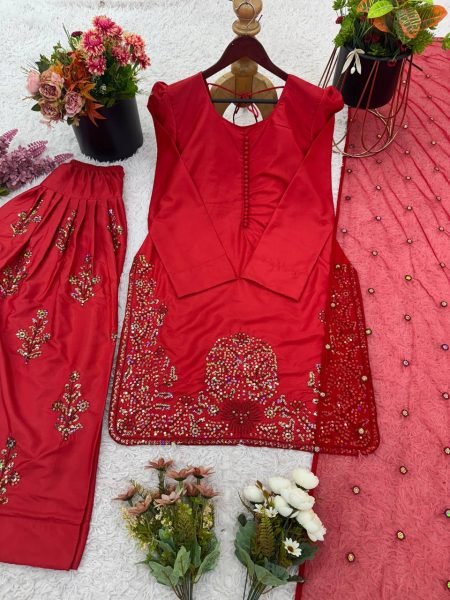 Perfect for Pakistani Functions Red Crepe Silk Farshi Suit with Net Dupatta Ready To Wear Collection