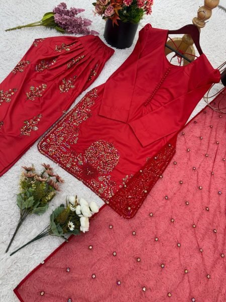 Perfect for Pakistani Functions Red Crepe Silk Farshi Suit with Net Dupatta Ready To Wear Collection