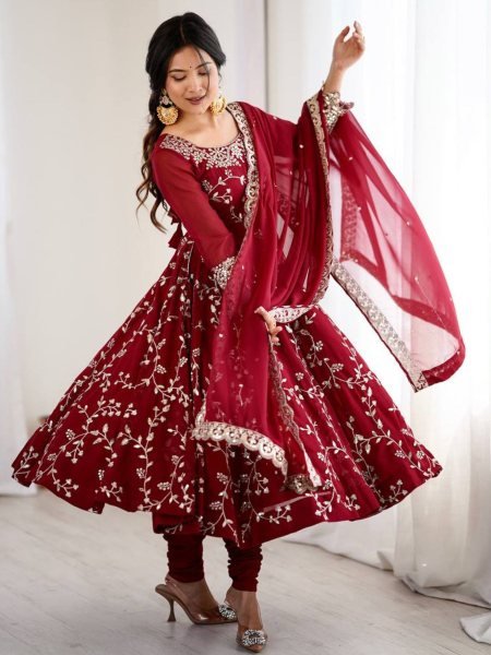 Red Designer Faux Georgette Gown with Embroidery Churidar and Dupatta at Wedding Ceremonies  Ready To Wear Suit