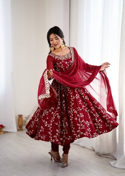 Red Designer Faux Georgette Gown with Embroidery Churidar and Dupatta at Wedding Ceremonies  Ready To Wear Collection