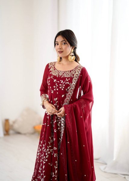 Red Designer Faux Georgette Gown with Embroidery Churidar and Dupatta at Wedding Ceremonies  Ready To Wear Collection